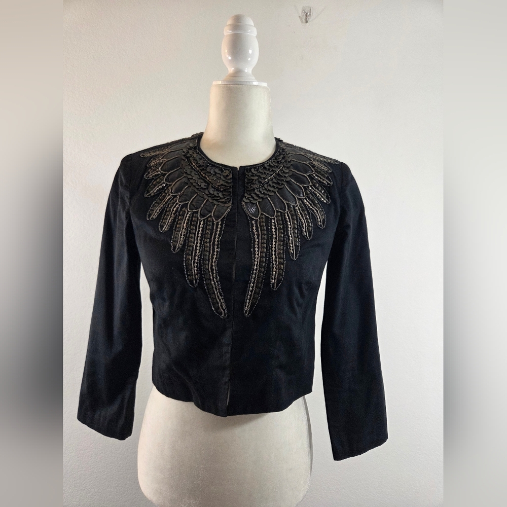 FRENCH CONNECTION Elegant Black Beaded Sequin Embellished Women's Bolero Jacket